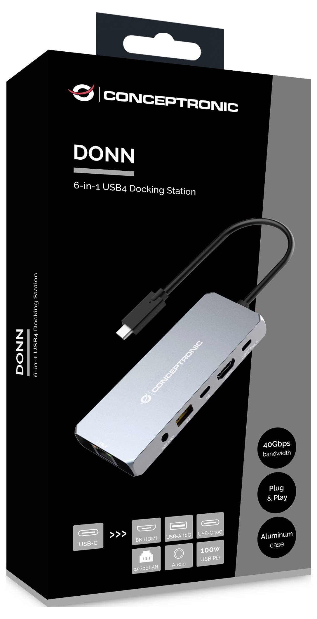 Station d'accueil USB4 Concepttronic DONN 6 en 1, montrant le hub argenté, le câble et les caractéristiques : bande passante de 40Gbps, branchement et utilisation, boîtier en aluminium.