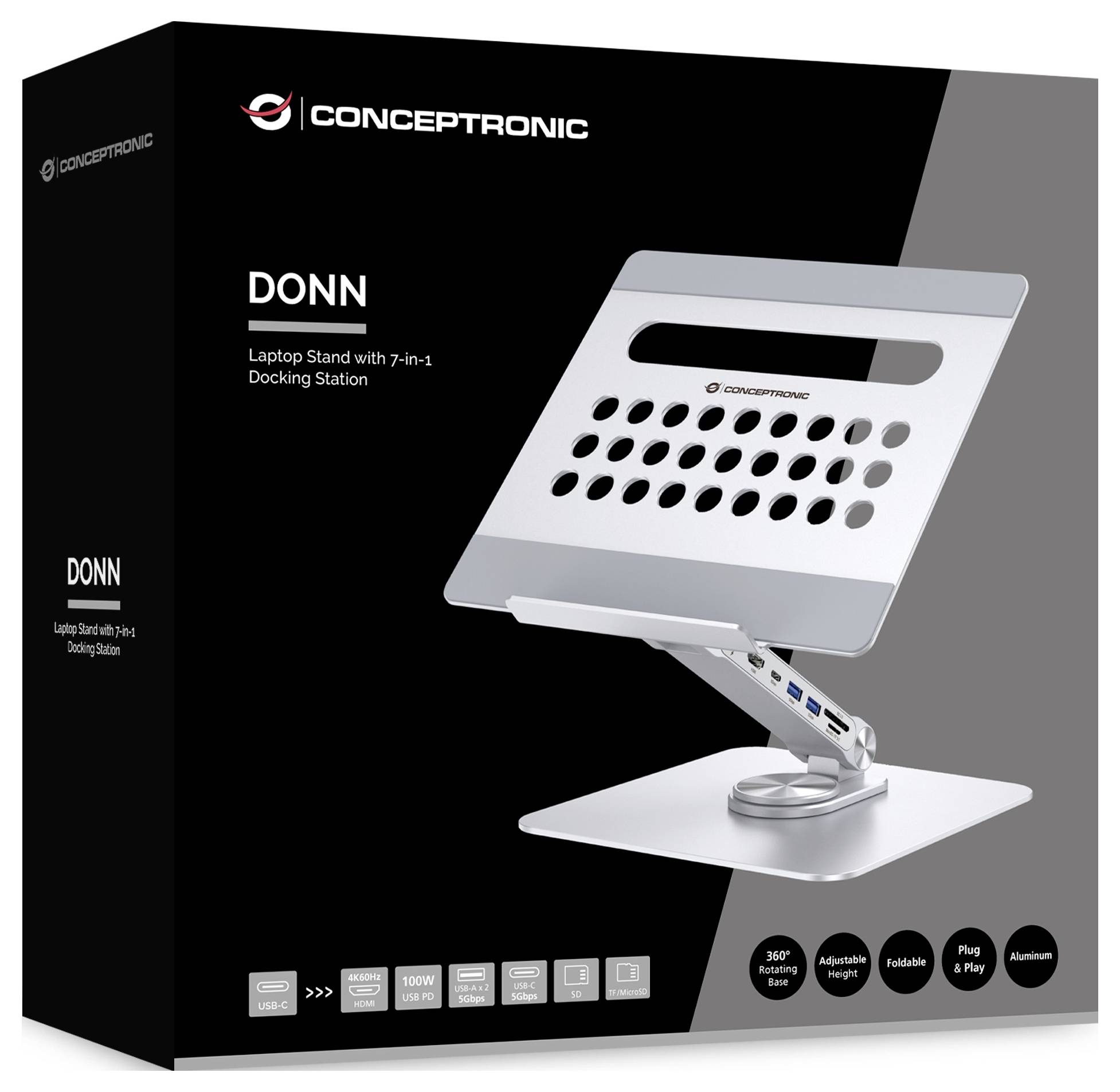 Conceptronic DONN27G Laptop Stand with 7-in-1 USB 3.2 Support d'ordinateur portable réglable en hauteur, rotatif, foncti-7