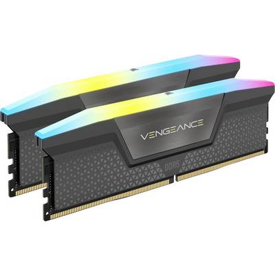 Deux modules de mémoire RAM DDR5 Corsair Vengeance avec des dissipateurs thermiques noirs et des barres lumineuses RGB.