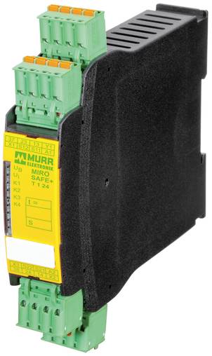 Module isolateur de signaux électriques industriels avec bornes à vis vertes et étiquette Murrelektronik jaune sur un boîtier noir, présenté isolé sur fond blanc