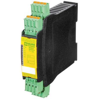 Module isolateur de signaux électriques industriels avec bornes à vis vertes et étiquette Murrelektronik jaune sur un boîtier noir, présenté isolé sur fond blanc