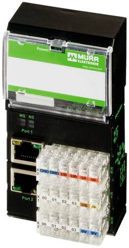 Module d'interface réseau industrielle avec marquage Murr Elektronik, deux ports Ethernet et plusieurs connecteurs à bornes pour le câblage des entrées et sorties.