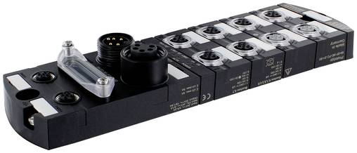 Collecteur de vannes pneumatiques industrielles avec plusieurs modules de vannes noirs connectés et un levier de commande manuelle transparent sur un fond blanc.