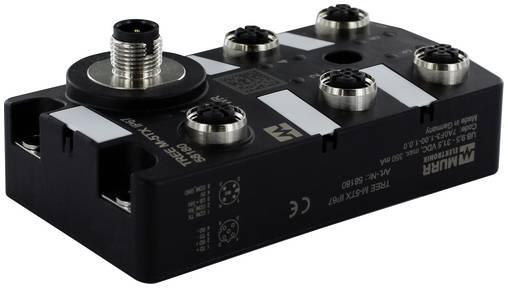 Module électronique industriel noir avec de multiples connecteurs filetés circulaires et des trous de montage, présenté sur un fond blanc.