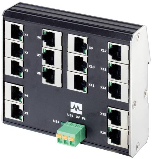 Module Ethernet industriel avec 16 ports RJ45 étiquetés (X1-X16) et un connecteur de bornier vert sur la façade.