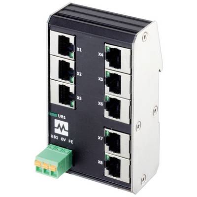 Commutateur Ethernet industriel avec huit ports RJ45 étiquetés et un connecteur de bloc de bornes vert sur la façade.