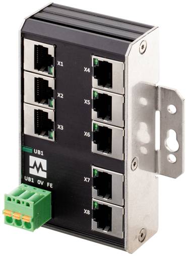 Module de commutateur Ethernet industriel avec huit ports RJ45 étiquetés X1-X8, bloc de bornes vert et support de montage en métal.