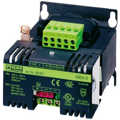 Module d'alimentation électrique Murrelektronik MEN 5 avec blocs de terminaison verts et étiquettes de tension, présenté sur un fond blanc.