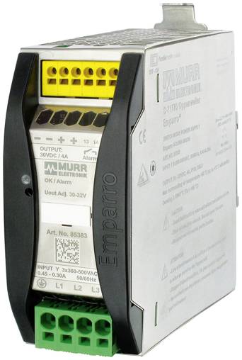 Module d'alimentation Murr Elektronik Emparro avec bloc de bornes jaune sur le dessus et bornes d'entrée vertes sur le bas, présenté en vue latérale.