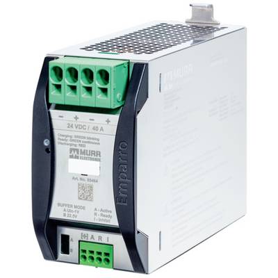 Module d'alimentation électrique Murr Elektronik 24 VDC 40 A industriel avec connecteurs de borne verts et boîtier métallique, présenté sur fond blanc