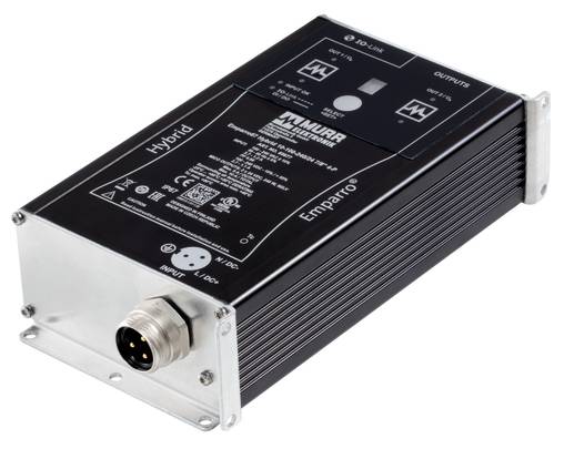 Module d'alimentation Emparro Hybrid compact noir et argent avec supports de montage en métal et connecteur frontal, présenté isolé sur fond blanc.