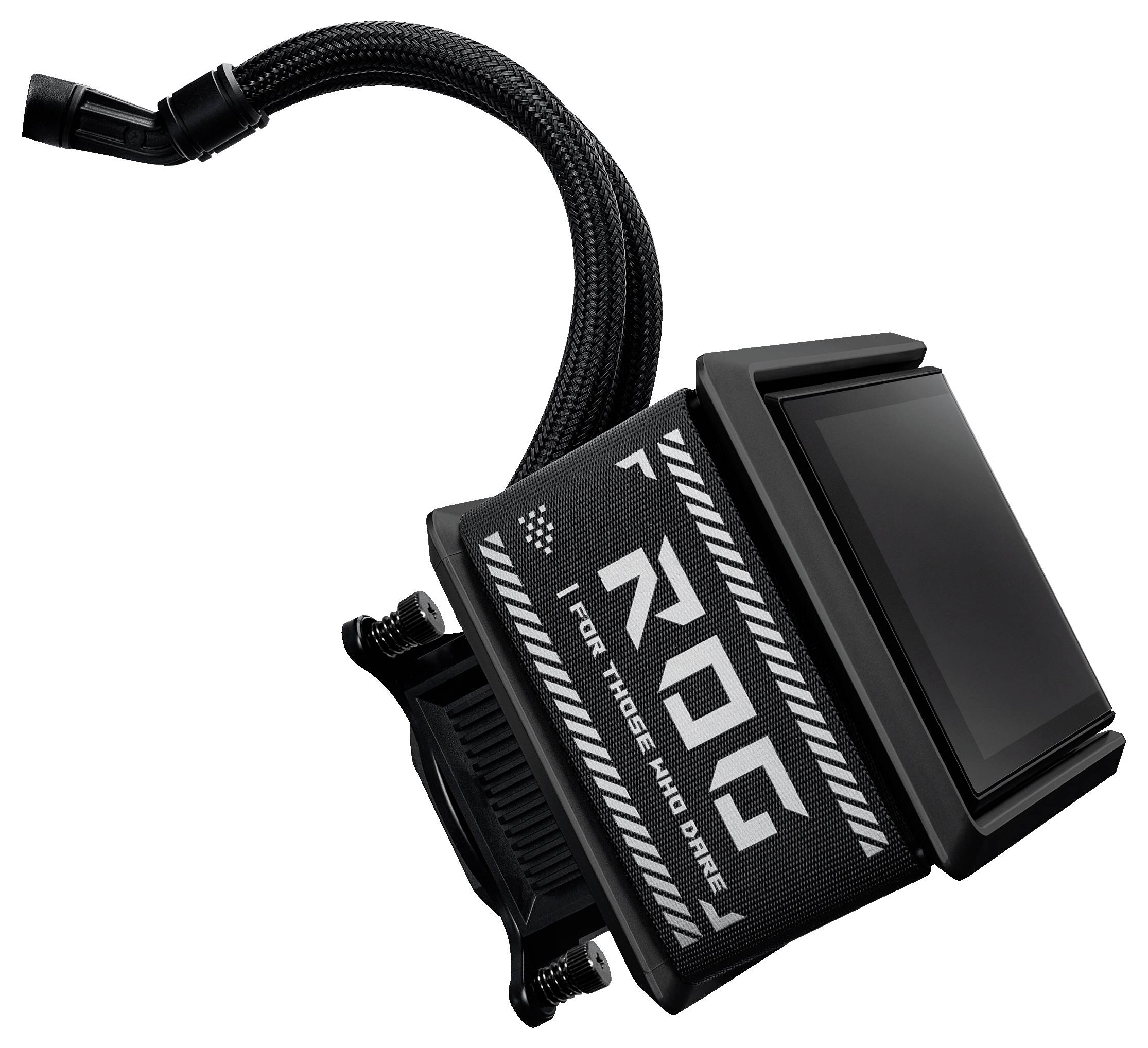 Bloc de pompe de refroidissement de marque ROG noir avec tuyau tressé attaché pour un refroidisseur de processeur à liquide, présenté sur un fond blanc.