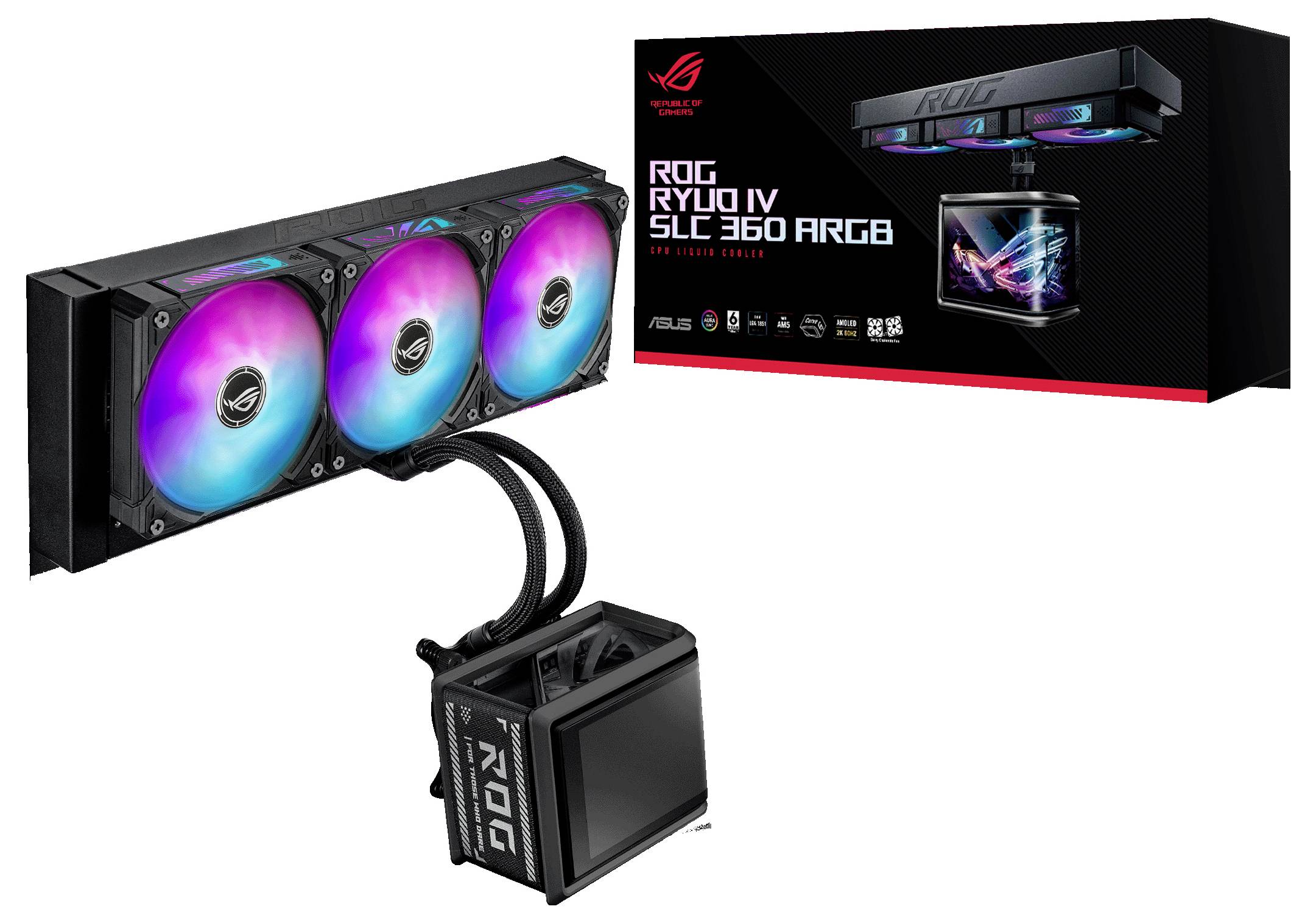 Refroidisseur de processeur à liquide ASUS ROG Ryujin IV SLC 360 ARGB avec trois ventilateurs RGB, bloc pompe et boîte de vente au détail sur fond blanc.
