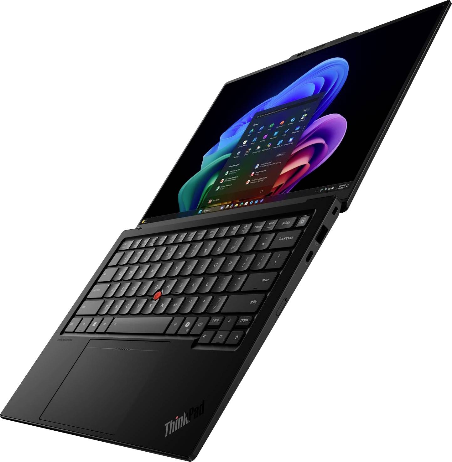 Ordinateur portable Lenovo ThinkPad noir présenté ouvert selon un angle, avec clavier, pavé tactile et écran de style Windows coloré sur un fond blanc.