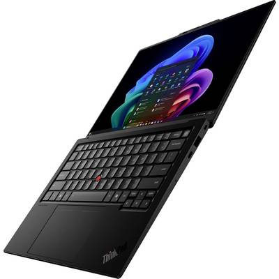 Ordinateur portable Lenovo ThinkPad noir présenté ouvert selon un angle, avec clavier, pavé tactile et écran de style Windows coloré sur un fond blanc.