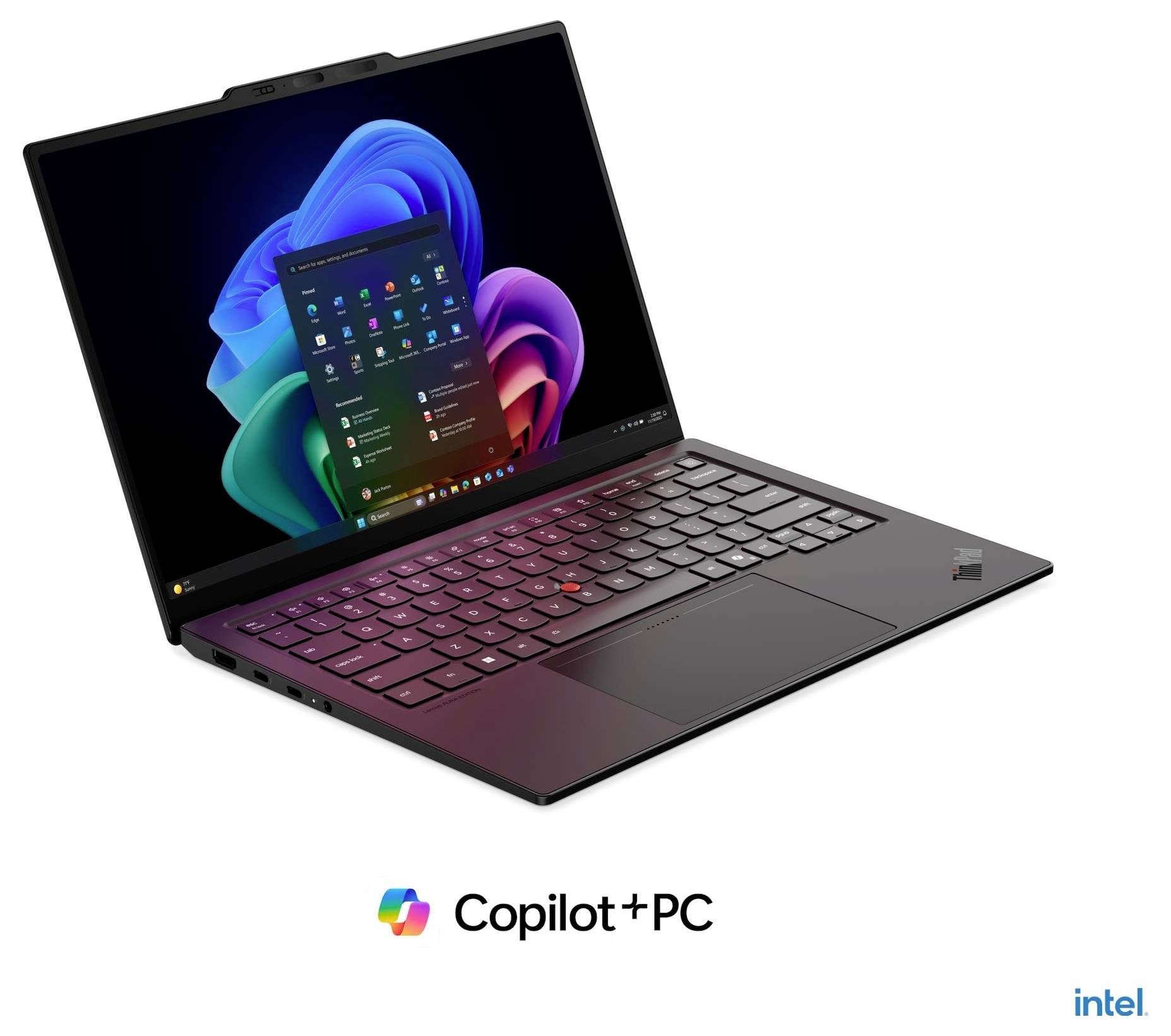 Affichage d'ordinateur portable avec le fond d'écran tourbillonnant coloré de Windows 11, étiqueté « Copilot+PC » et la marque AMD ci-dessous.
