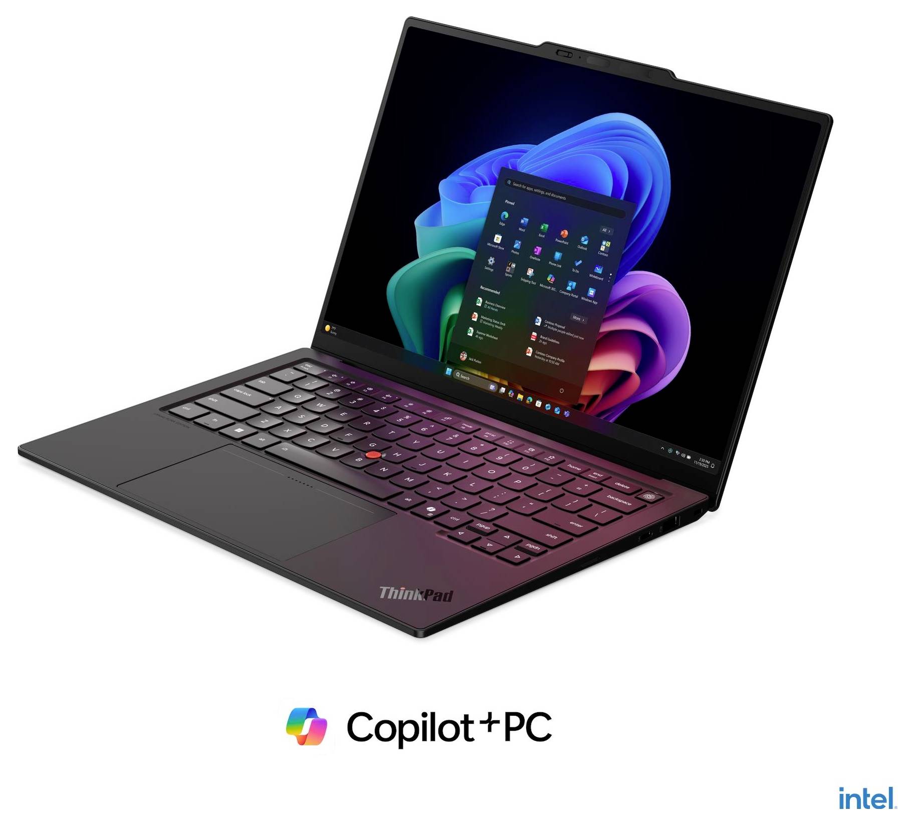 Ordinateur portable Lenovo ThinkPad avec Windows 11 et marque Copilot+ PC, présenté ouvert sur un fond blanc avec le logo Intel.
