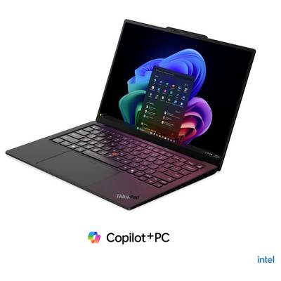 Ordinateur portable Lenovo ThinkPad avec Windows 11 et marque Copilot+ PC, présenté ouvert sur un fond blanc avec le logo Intel.