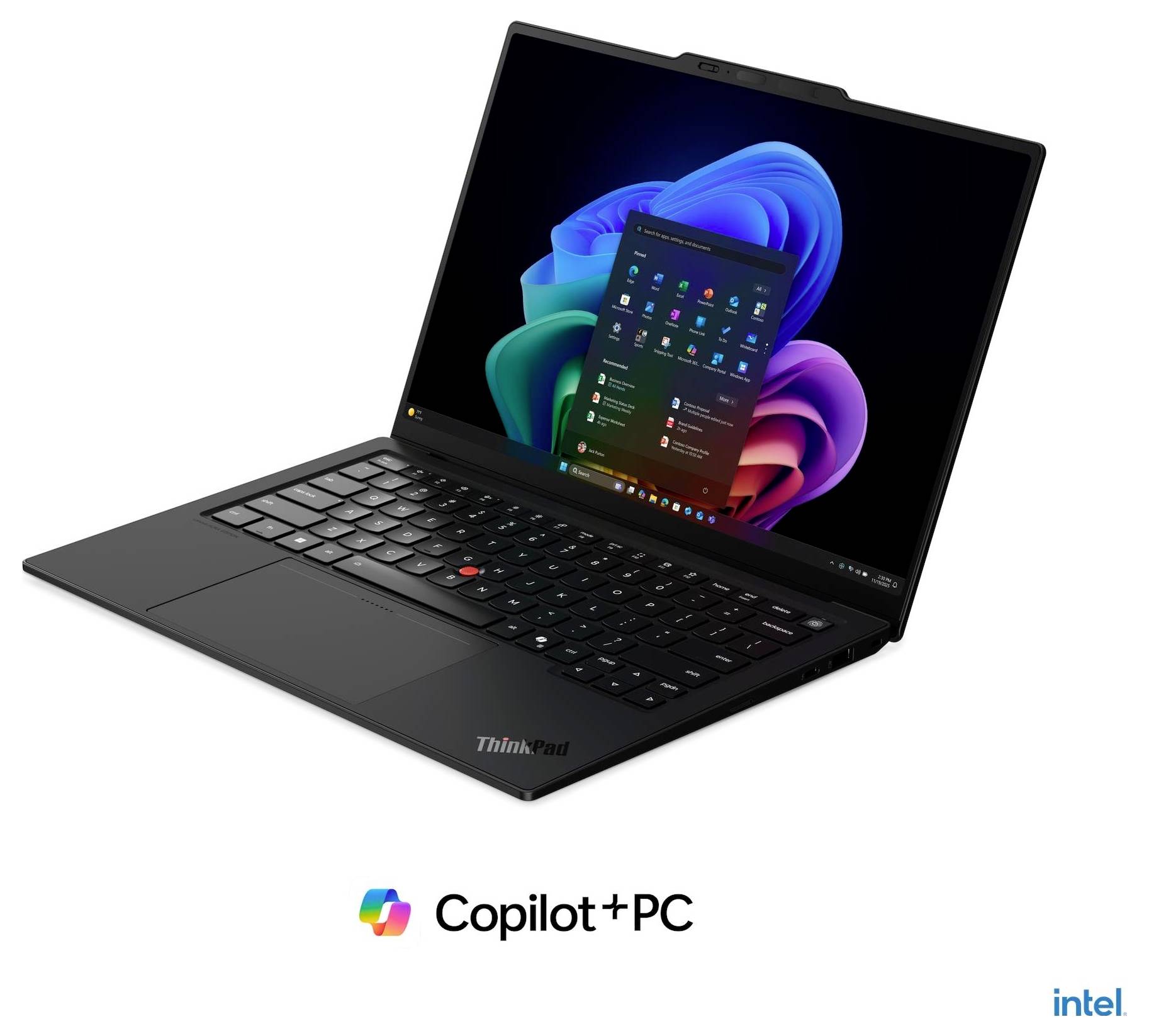 Un ordinateur portable Lenovo ThinkPad gris montré partiellement ouvert, avec le logo ThinkPad visible sur le couvercle et la marque Copilot+ PC en dessous.
