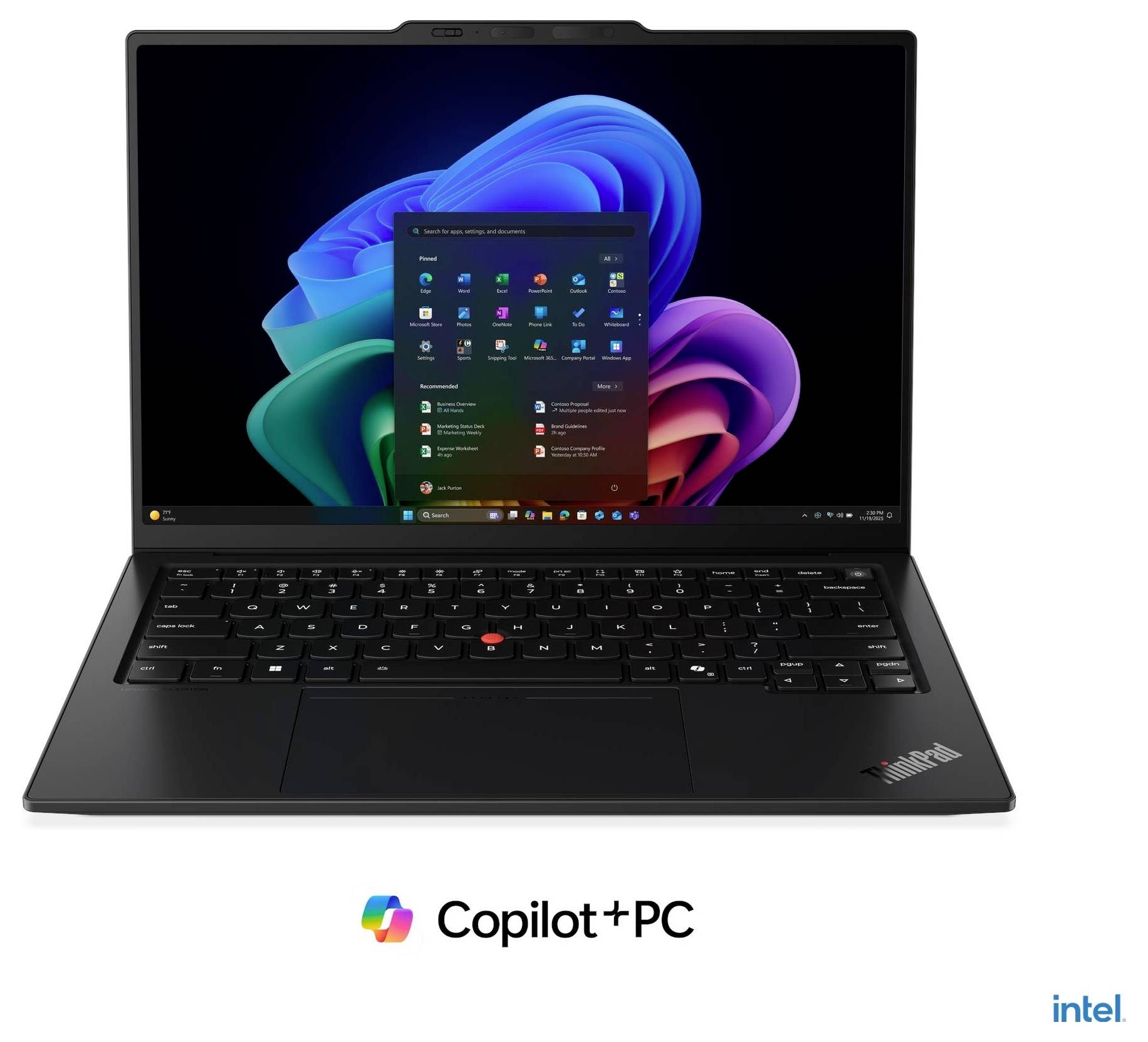 Ordinateur portable noir affichant le menu Démarrer de Windows 11 avec le branding « Copilot+ PC » et Intel ci-dessous.