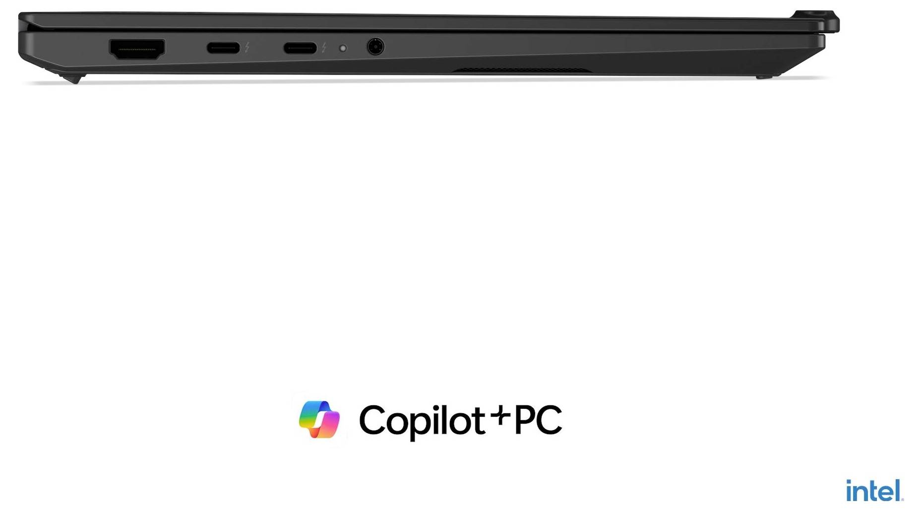 Vue latérale d'un ordinateur portable mince, avec les logos « Copilot+PC » et Intel en dessous sur un fond blanc.
