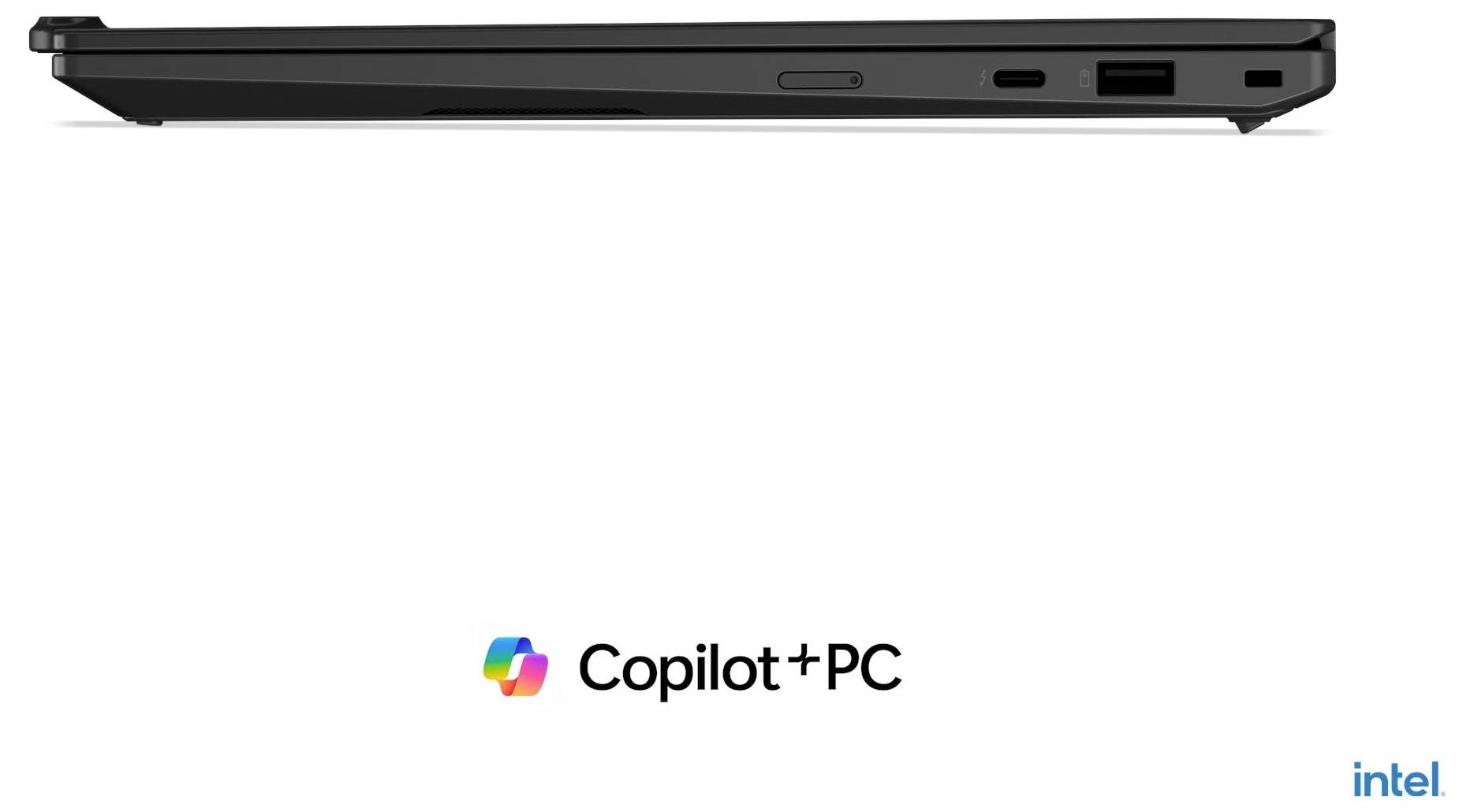 Vue de côté d'un ordinateur portable noir avec le logo Copilot+ PC centré en dessous et l'image de marque Intel en bas à droite.
