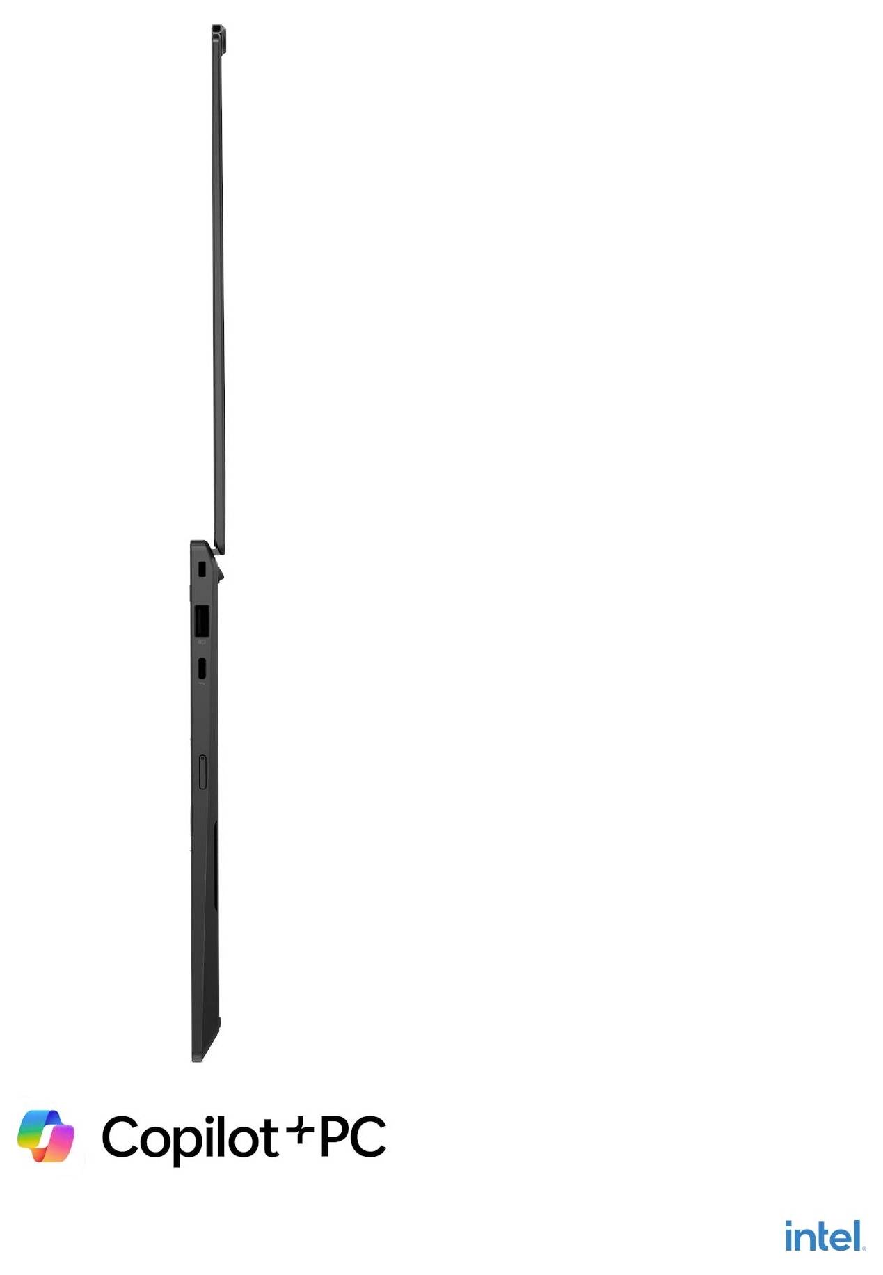 Ordinateur portable noir et fin présenté de profil avec une antenne haute ; logos Copilot+ PC et Intel en bas.
