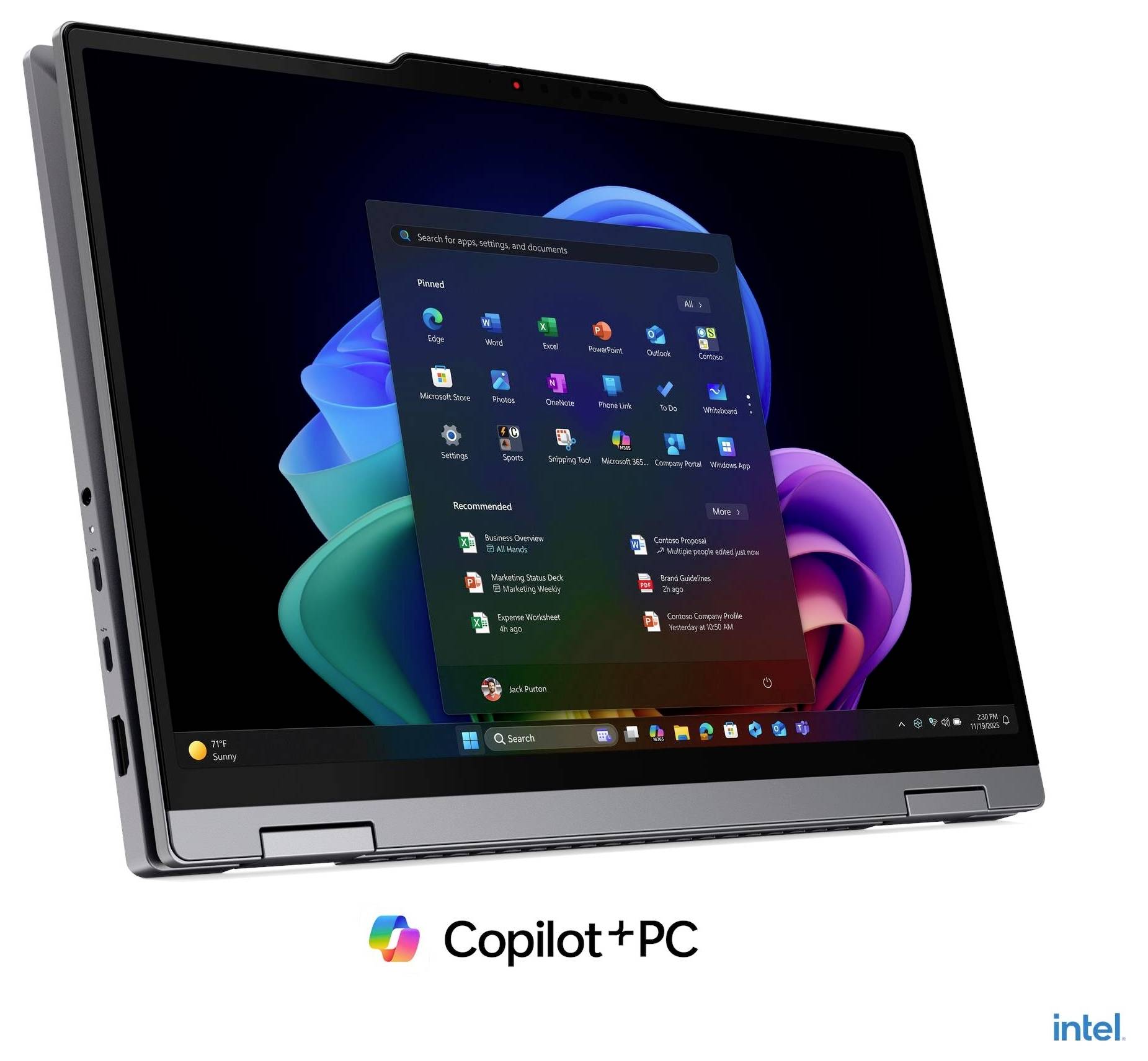 Un ordinateur portable Windows 11 affichant le menu Démarrer avec l'image de marque Copilot+ PC et le logo Intel en dessous.