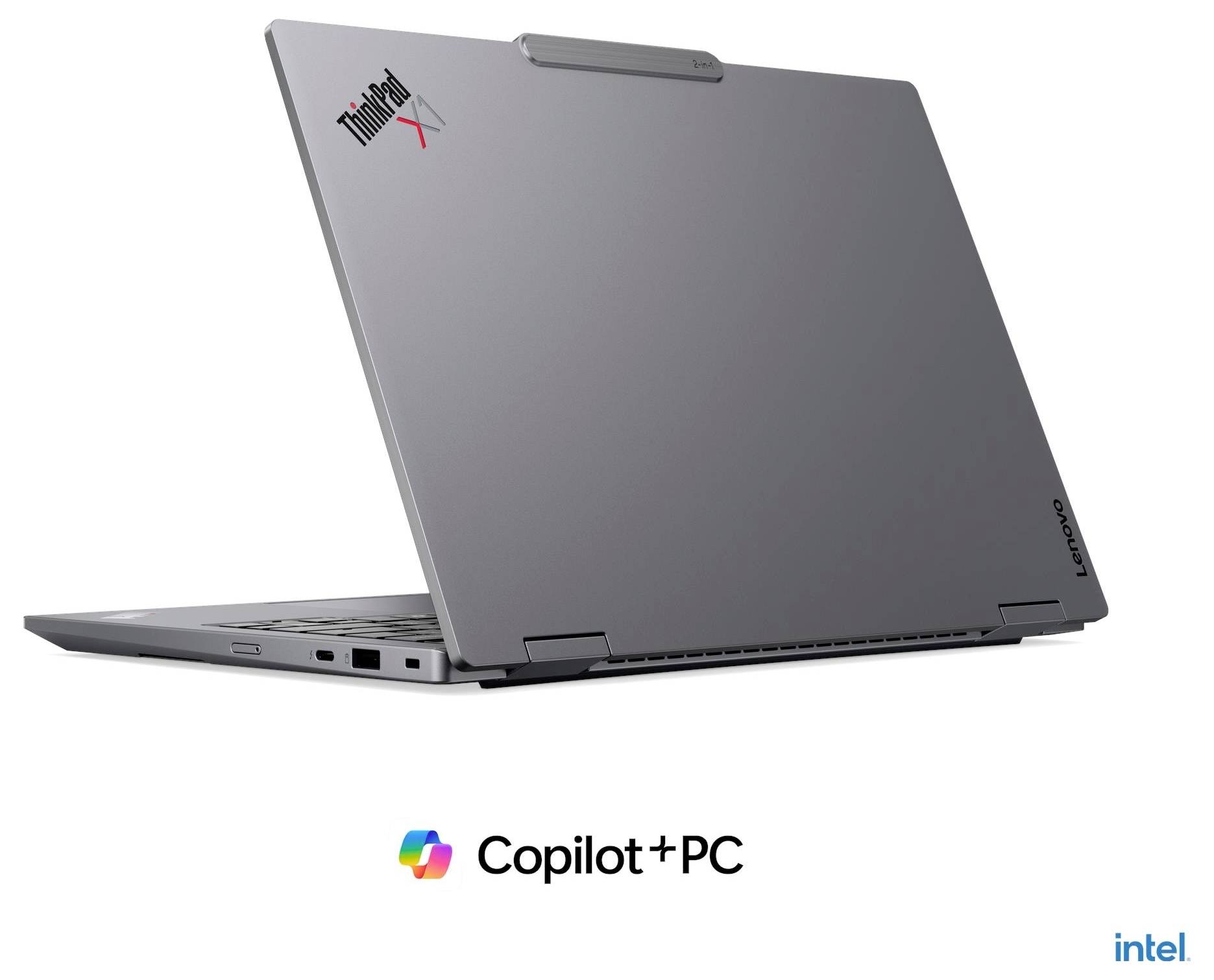 Ordinateur portable Lenovo ThinkPad X1 gris présenté fermé sur un fond blanc, avec les logos Copilot+ PC et Intel en dessous.