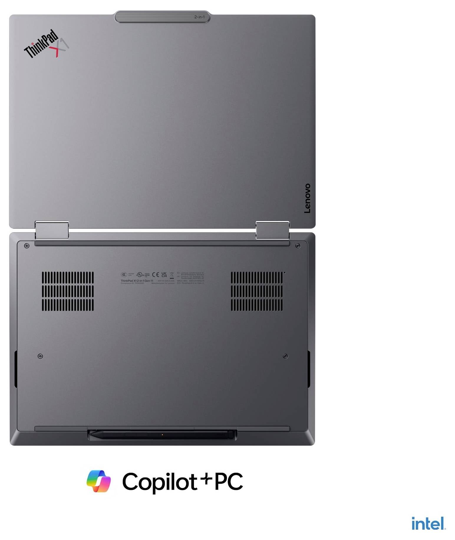 Vue arrière d'un ordinateur portable Lenovo ThinkPad gris, montré ouvert, avec les logos Copilot+ PC et Intel ci-dessous.