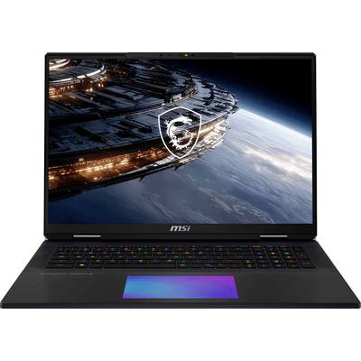 Ordinateur portable de jeu MSI avec un fond d'écran de vaisseau spatial futuriste sur l'écran et un clavier rétroéclairé avec des touches colorées et un grand pavé tactile.