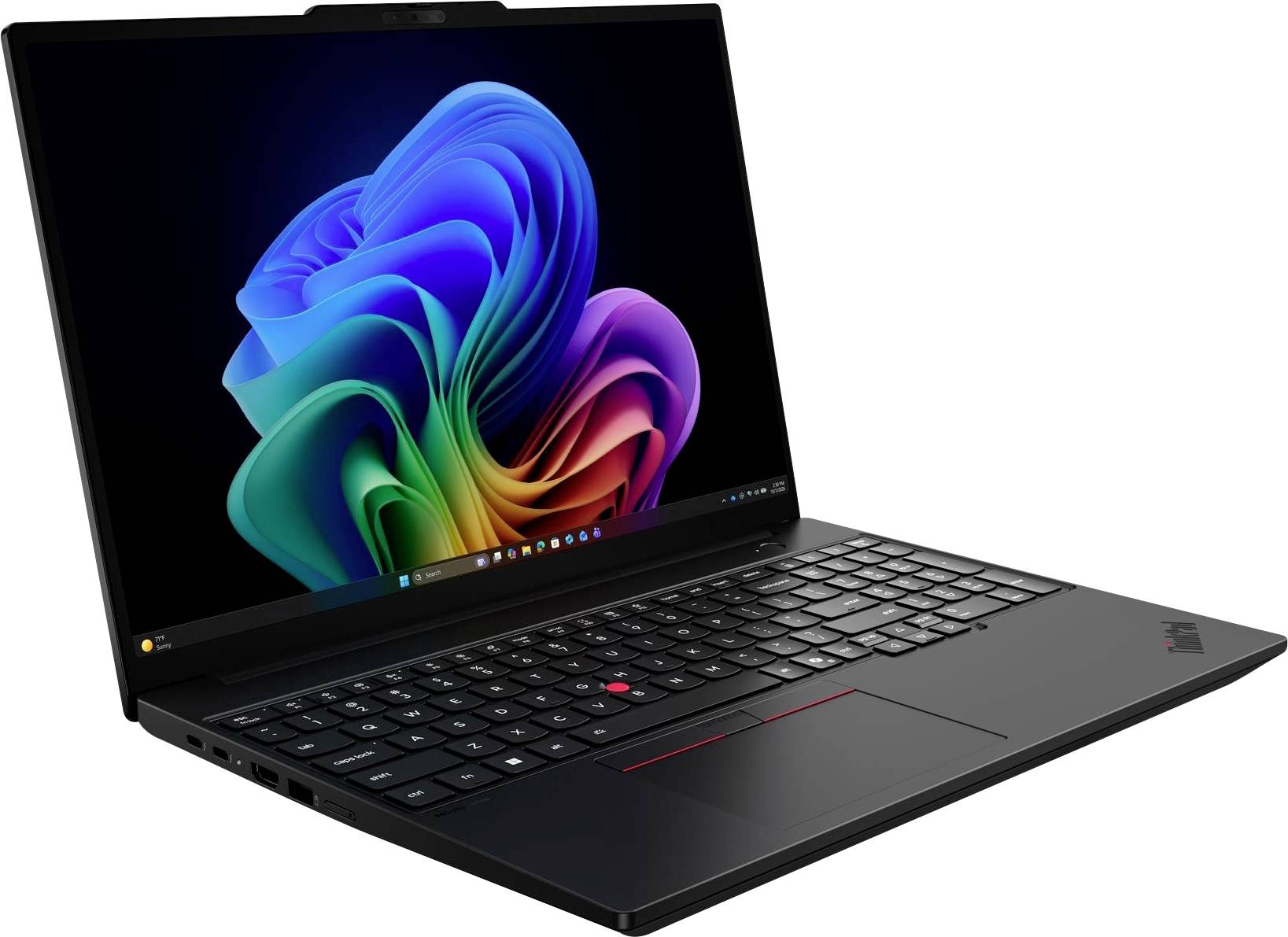 Ordinateur portable Lenovo ThinkPad noir ouvert à un angle, affichant un fond d'écran tourbillon Windows 11 coloré sur l'écran.