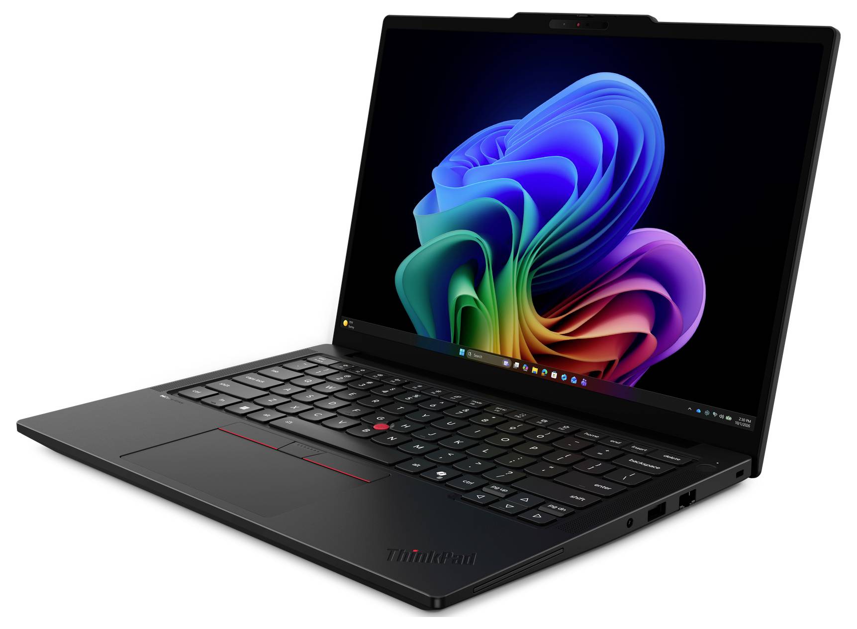 Un ordinateur portable Lenovo ThinkPad noir ouvert à un angle, affichant un fond d'écran abstrait coloré sur l'écran et un clavier rétroéclairé.