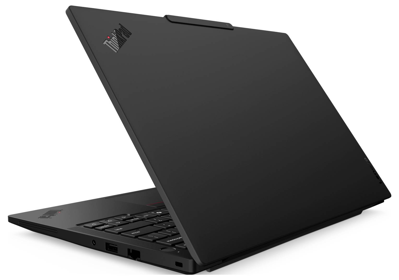 Ordinateur portable ThinkPad noir montré partiellement ouvert par l'arrière, avec le socle du clavier visible et le logo Lenovo sur le couvercle.
