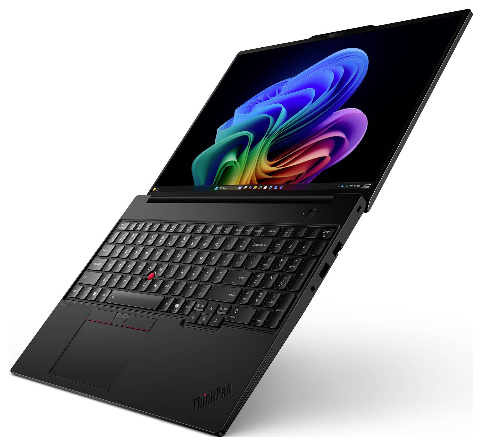 Un ordinateur portable ThinkPad noir montré ouvert à un angle, affichant un fond d'écran abstrait coloré sur l'écran et un clavier complet avec pavé tactile.