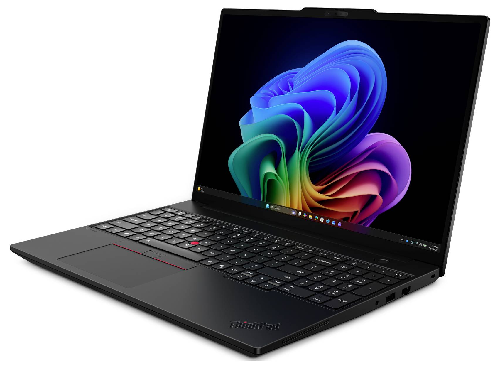 Ordinateur portable Lenovo ThinkPad noir ouvert selon un angle, affichant un fond d'écran abstrait coloré de style Windows sur l'écran.