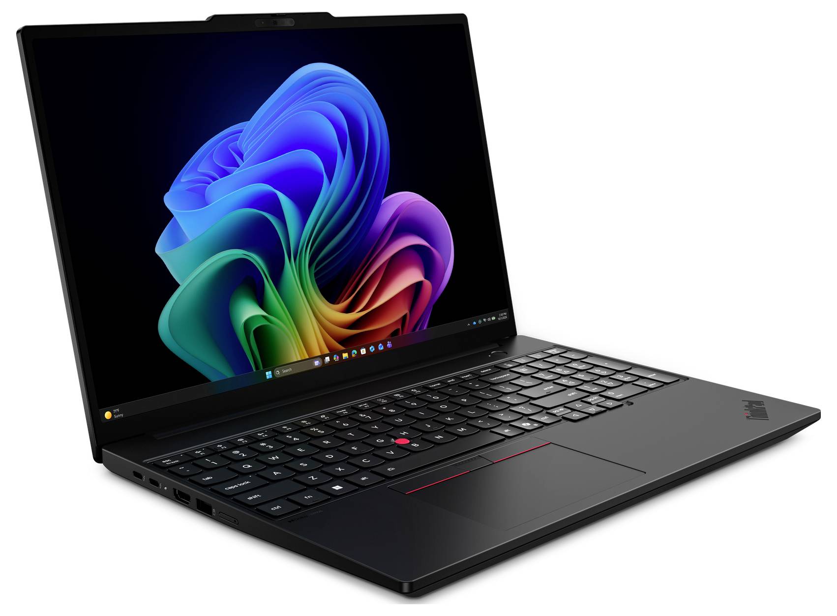 Ordinateur portable Lenovo ThinkPad noir affiché ouvert, affichant un fond d'écran de type tourbillon coloré Windows 11 sur l'écran.