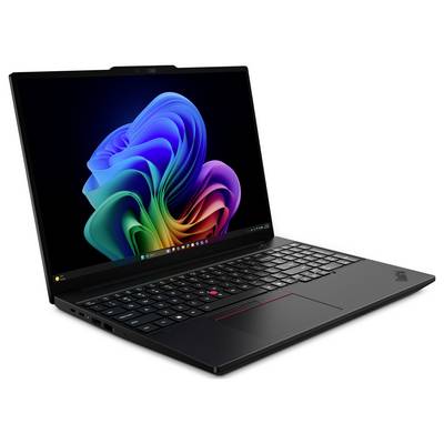 Ordinateur portable Lenovo ThinkPad noir affiché ouvert, affichant un fond d'écran de type tourbillon coloré Windows 11 sur l'écran.