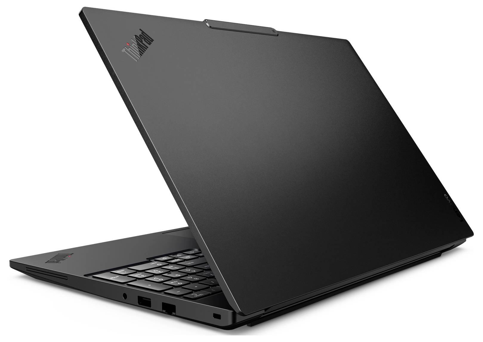 Ordinateur portable Lenovo noir montré partiellement fermé de l'arrière-gauche, mettant en évidence le clavier, le couvercle et les ports latéraux sur un fond blanc.