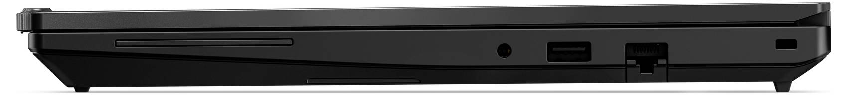 Vue latérale d'un ordinateur portable noir fermé montrant le bord avant avec ventilation, un port USB et un port Ethernet.