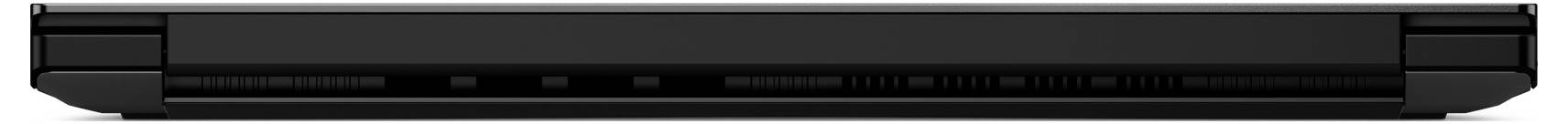 Vue de côté d'un ordinateur portable ou ordinateur de type carnet fermé noir, montrant le profil fin et la zone de charnière.