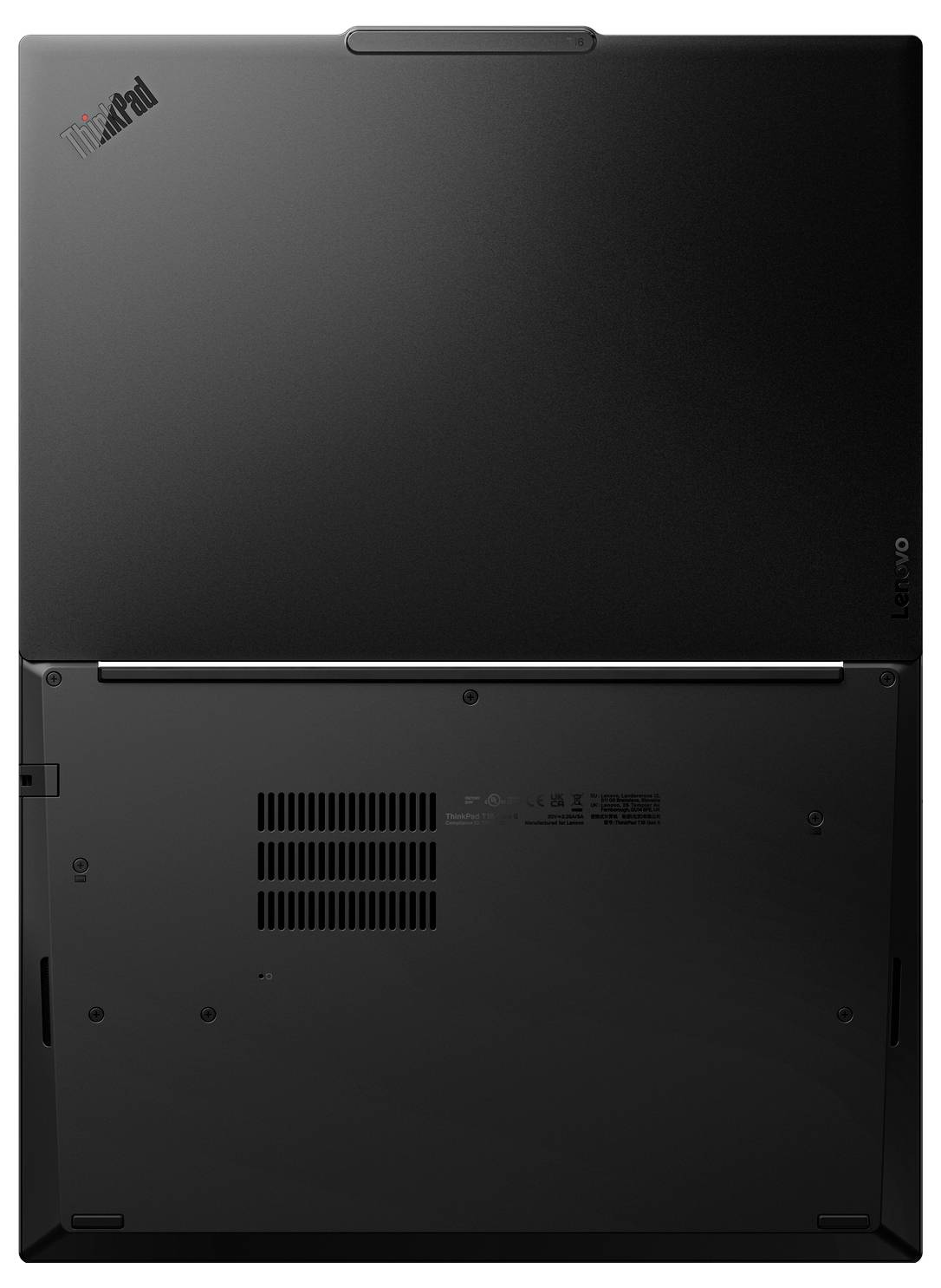 Vue inférieure d'un ordinateur portable Lenovo ThinkPad, montrant les évents, les vis et le panneau d'accès inférieur.