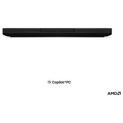 Vue latérale d'un ordinateur portable noir mince sur un fond blanc avec les logos Copilot+PC et AMD ci-dessous.
