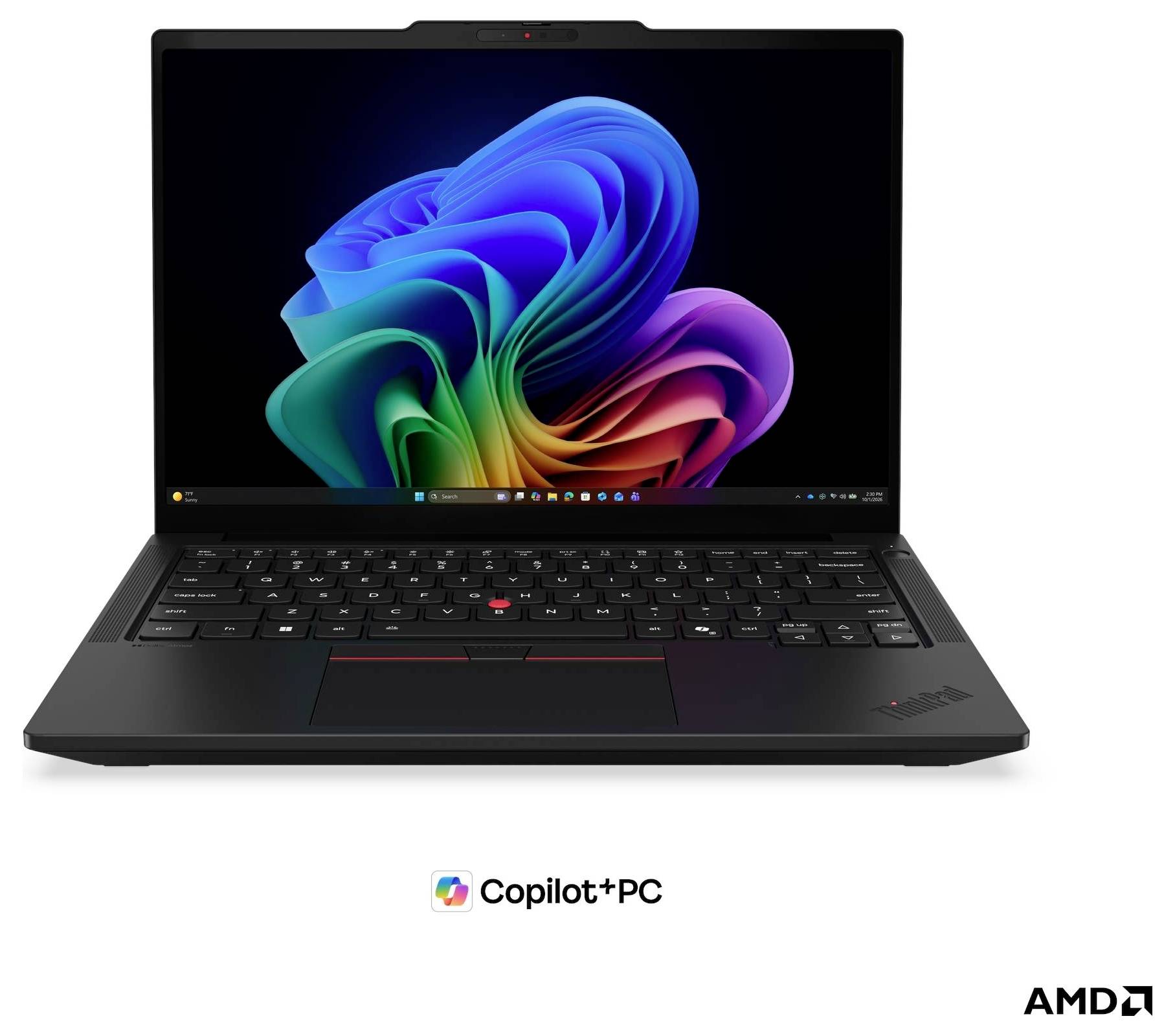 Vue de face d'un ordinateur portable Lenovo ThinkPad noir affichant un bureau Windows coloré, avec le branding « Copilot+ PC » et AMD visible en dessous.