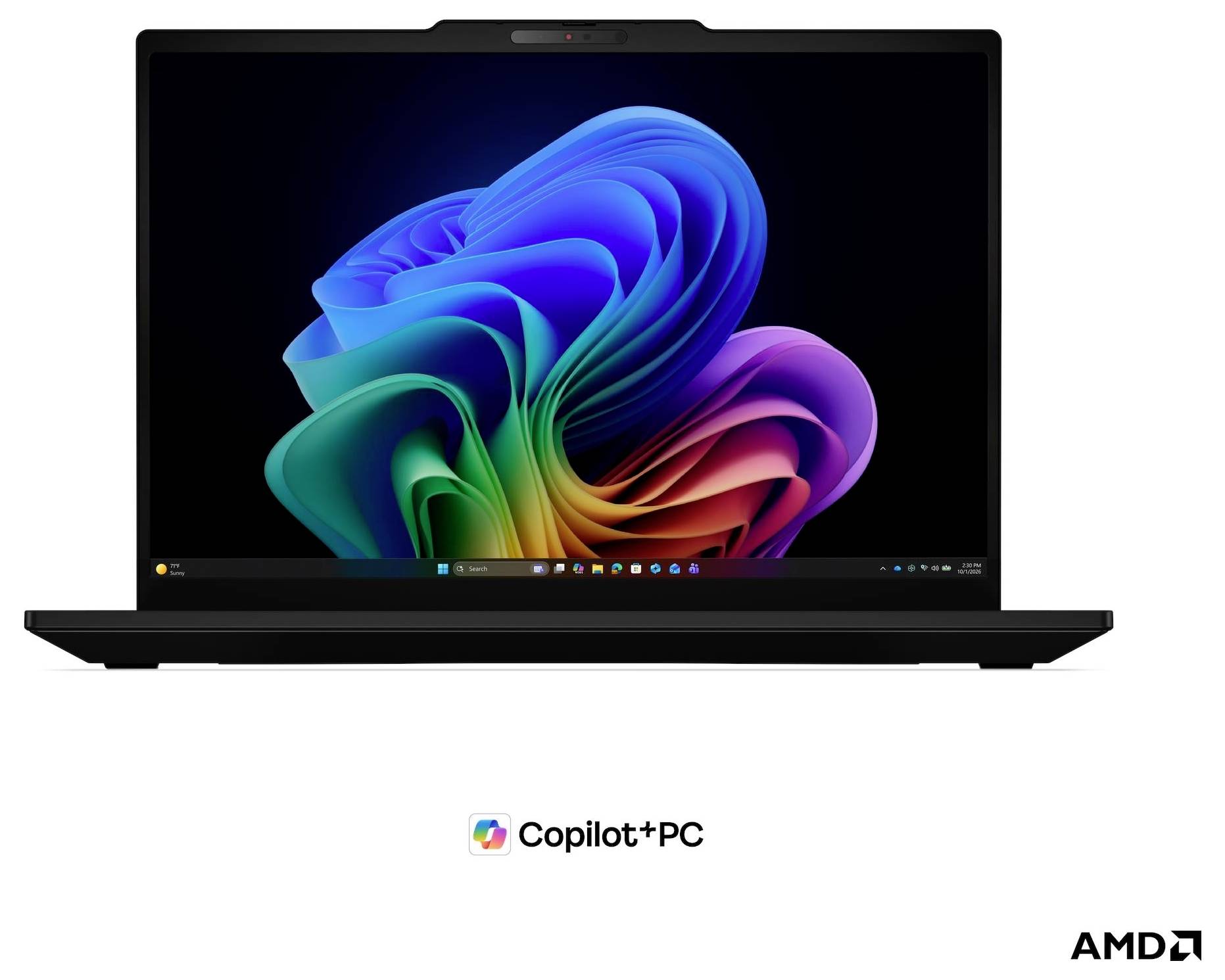 Un ordinateur portable affichant un fond d'écran abstrait de style Windows coloré, avec le marquage « Copilot+PC » et la marque AMD ci-dessous.