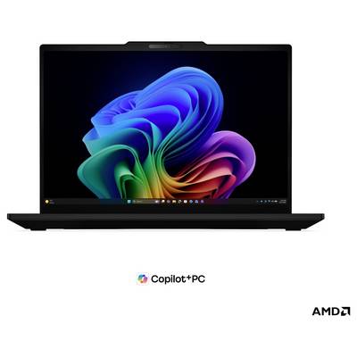 Un ordinateur portable affichant un fond d'écran abstrait de style Windows coloré, avec le marquage « Copilot+PC » et la marque AMD ci-dessous.