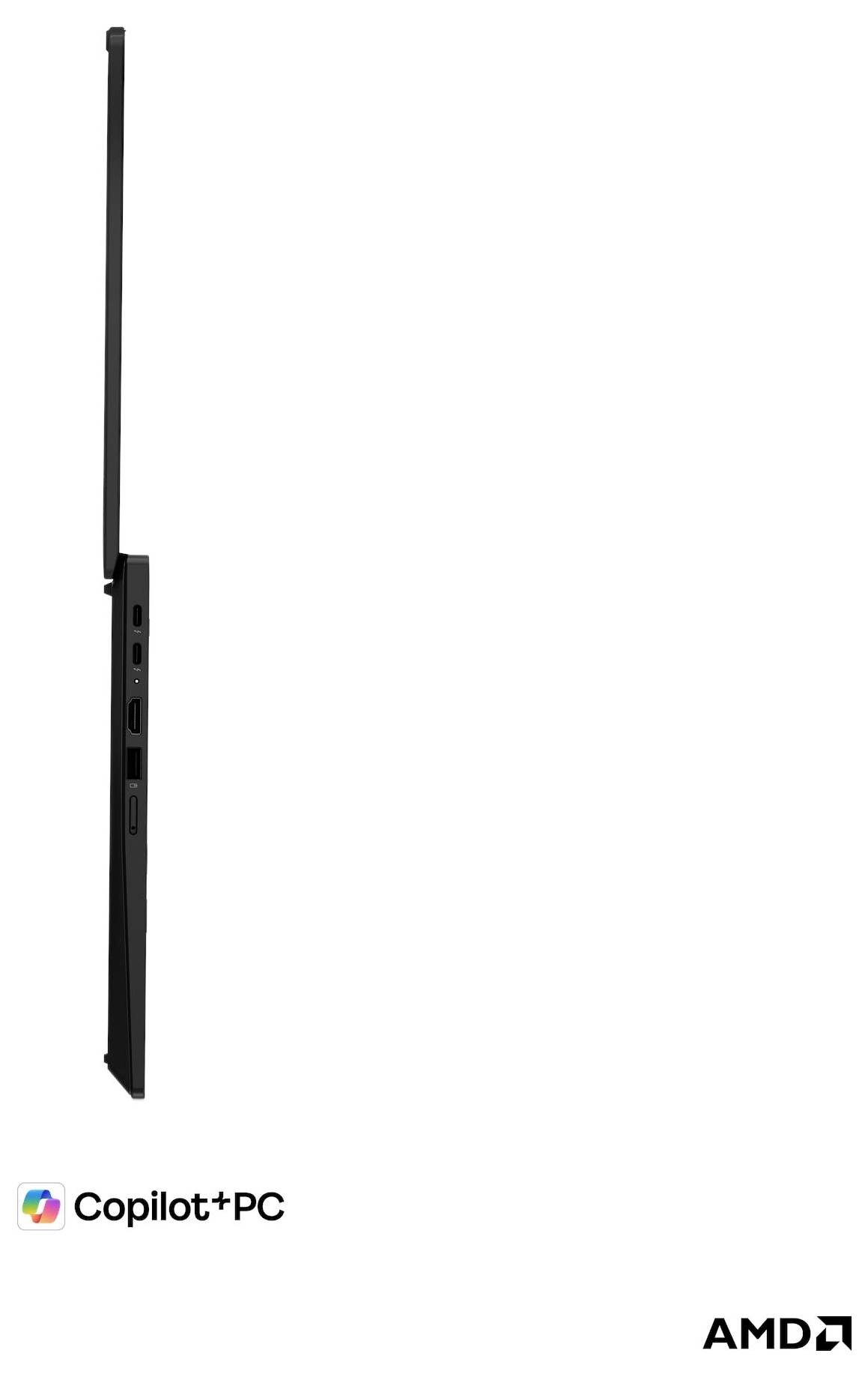 Profil latéral d'un mince ordinateur portable noir avec les logos Copilot+PC et AMD sur un fond blanc.