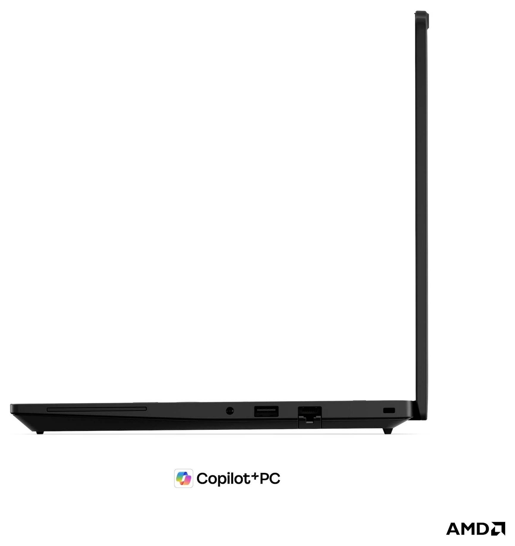 Vue latérale d'un ordinateur portable noir Copilot+ PC, ouvert avec l'écran dressé et le logo AMD en dessous sur un fond blanc.