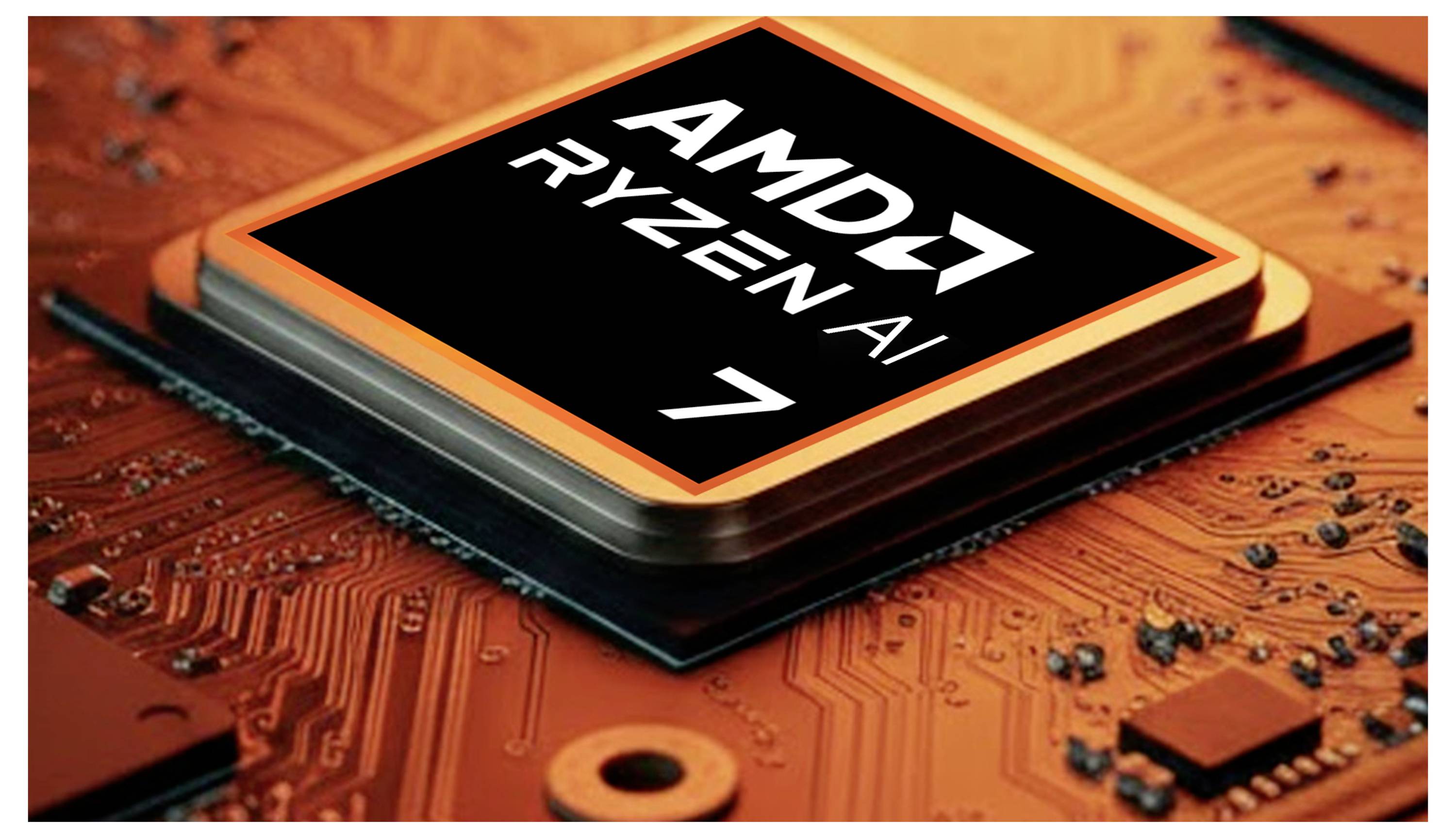 Gros plan d'une puce AMD Ryzen AI 7 montée sur une carte de circuit imprimé, mettant l'accent sur le matériel du processeur