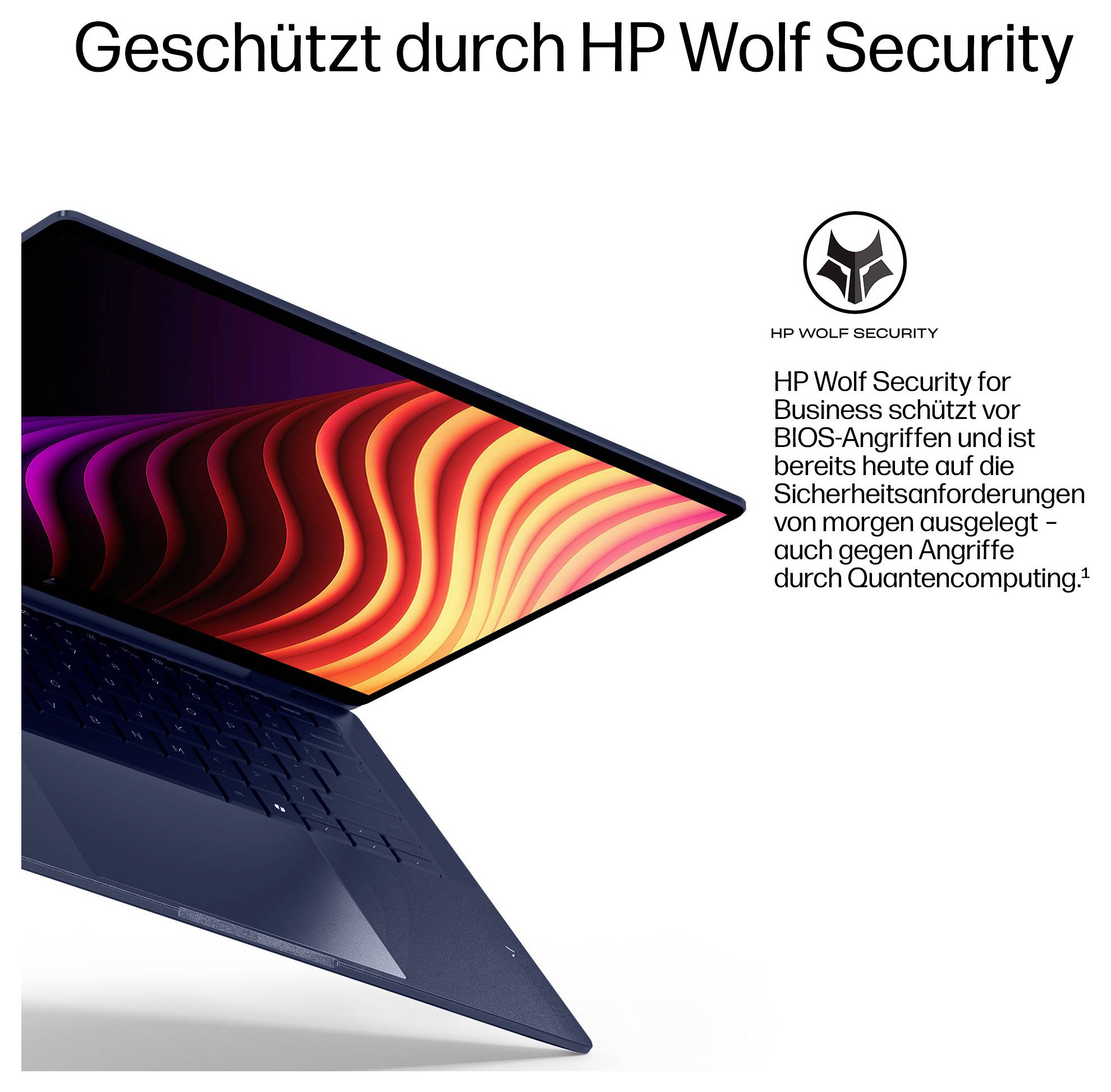 Promotion HP Wolf Security montrant un ordinateur portable et le texte : « HP Wolf Security for Business » protège contre les attaques du BIOS et les futures attaques informatiques quantiques.